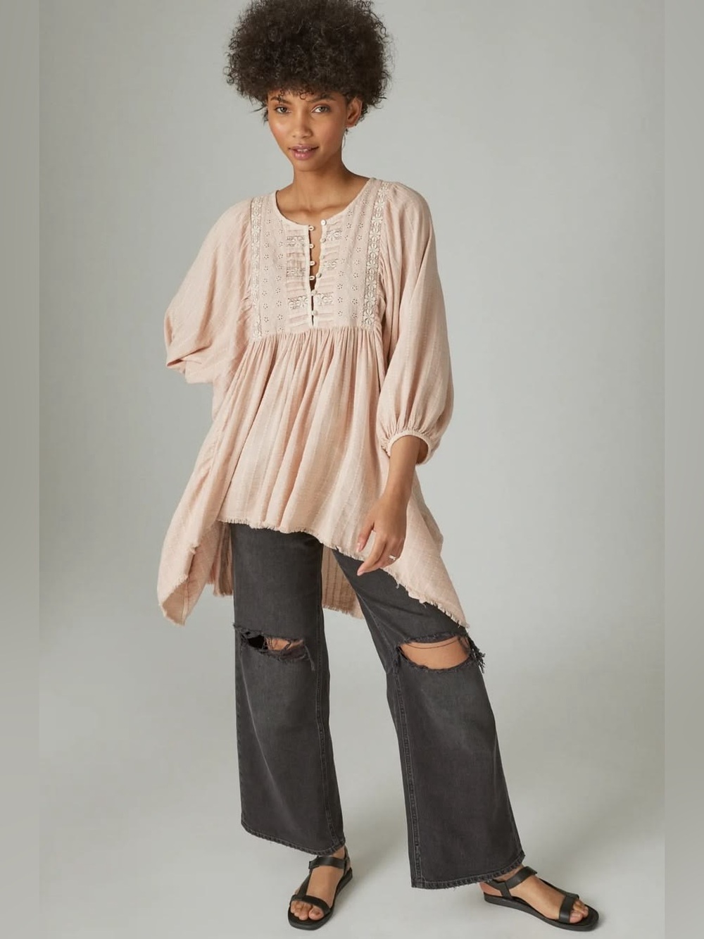 Lucky Brand Lace Yoke Tunic Top Cotton Viscose Peach Whip Medium Cottage Prairie - Picture 3 of 14